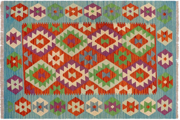 Flat Weave Kilim, Antique, Navaho, Vintage, Handmade, Geometric Kilim Rust Blue Hand-Woven Rectangle 100% Wool Area Rug 3 x 5